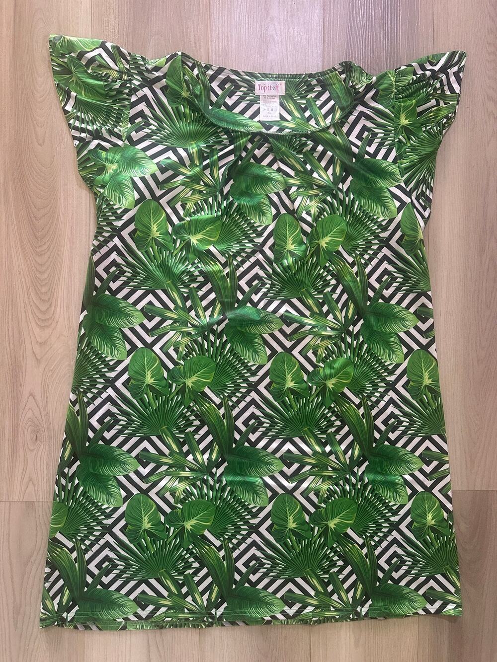 Top It Off Palm Leaf Tunic Dress XL Green Tropical Chevron Flutter Sleeve Mini